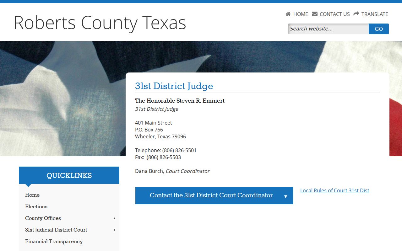 Roberts County 31st District Court page with court coordinator contact and local rules link