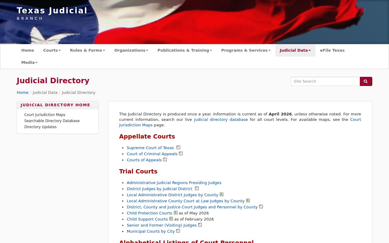 Texas Judicial Branch directory with routes to district, county, justice and municipal courts