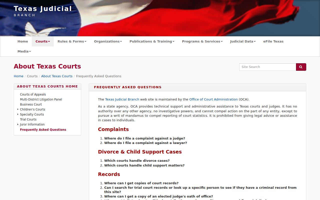 Texas Judicial Branch FAQ explaining that there is no single public trial-court case search