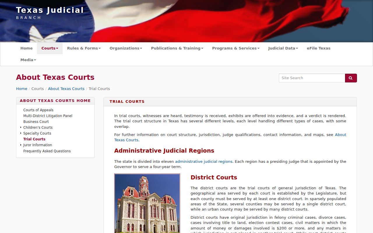 Texas trial court structure showing district, county, justice and municipal courts