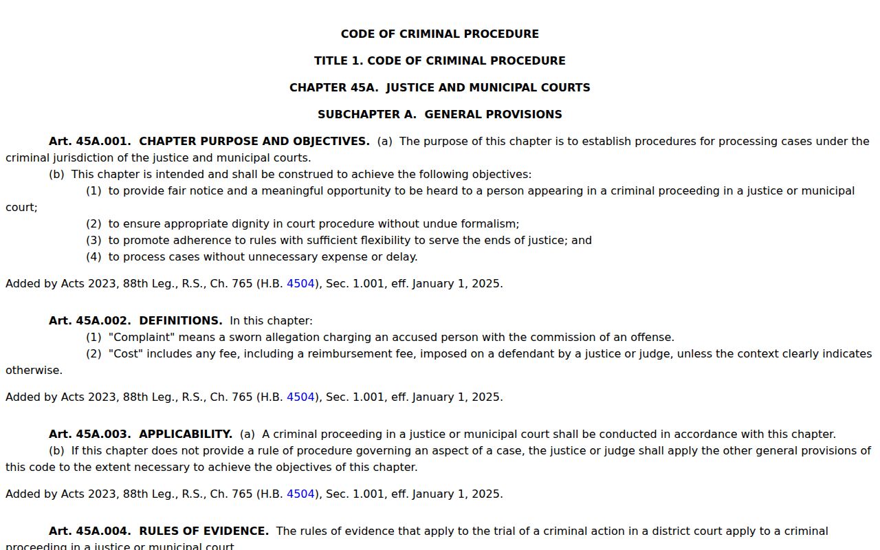 Texas Code of Criminal Procedure Chapter 45A page covering justice and municipal court FTA and capias pro fine process