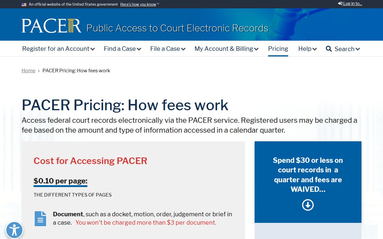 PACER official page explaining federal court record access fees