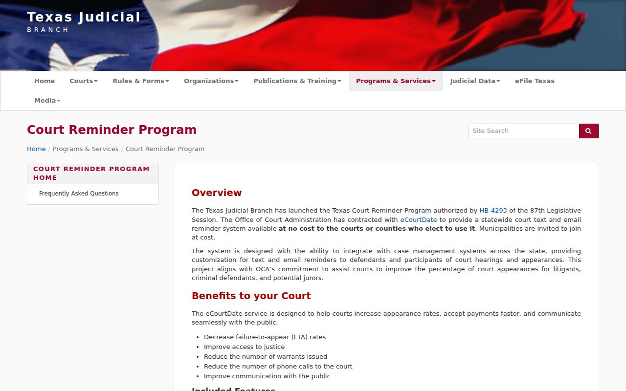 Texas Judicial Branch court-reminder program page about notices intended to prevent missed court dates