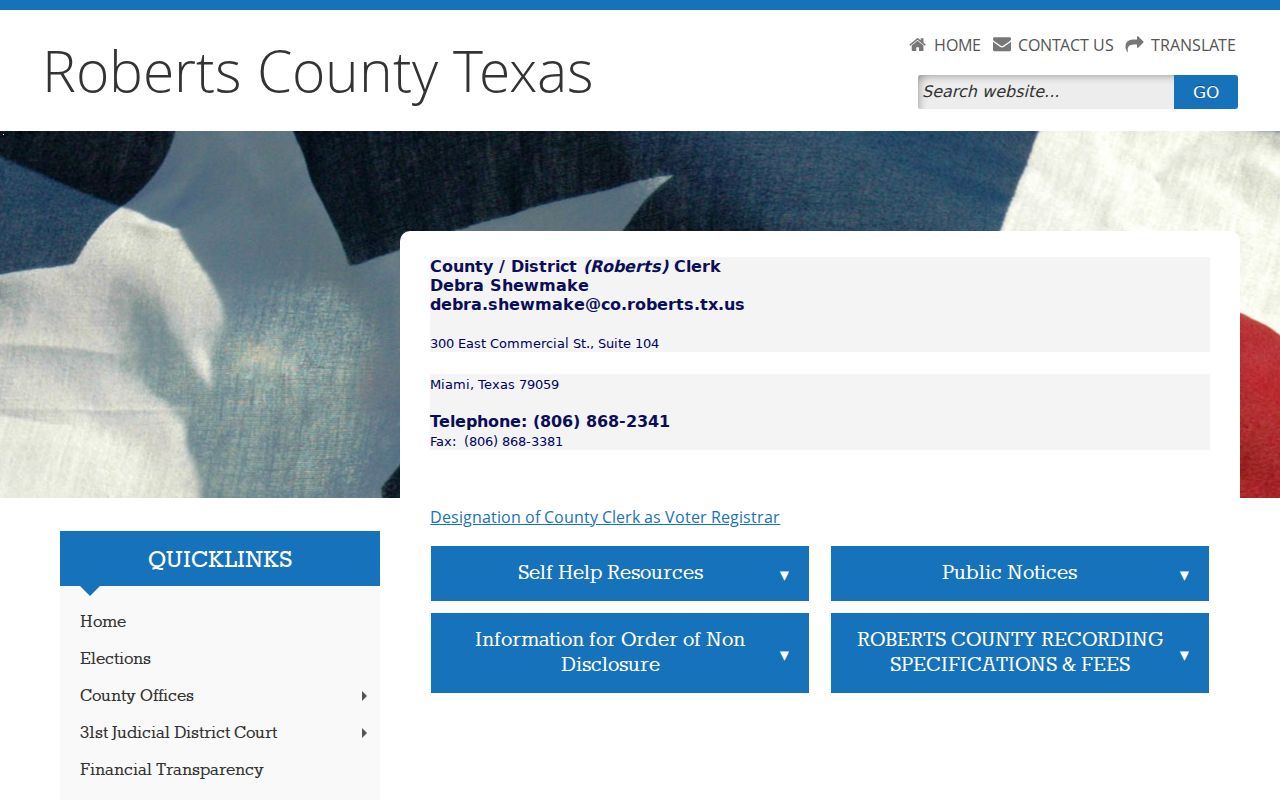 Roberts County combined County and District Clerk page with records contact details