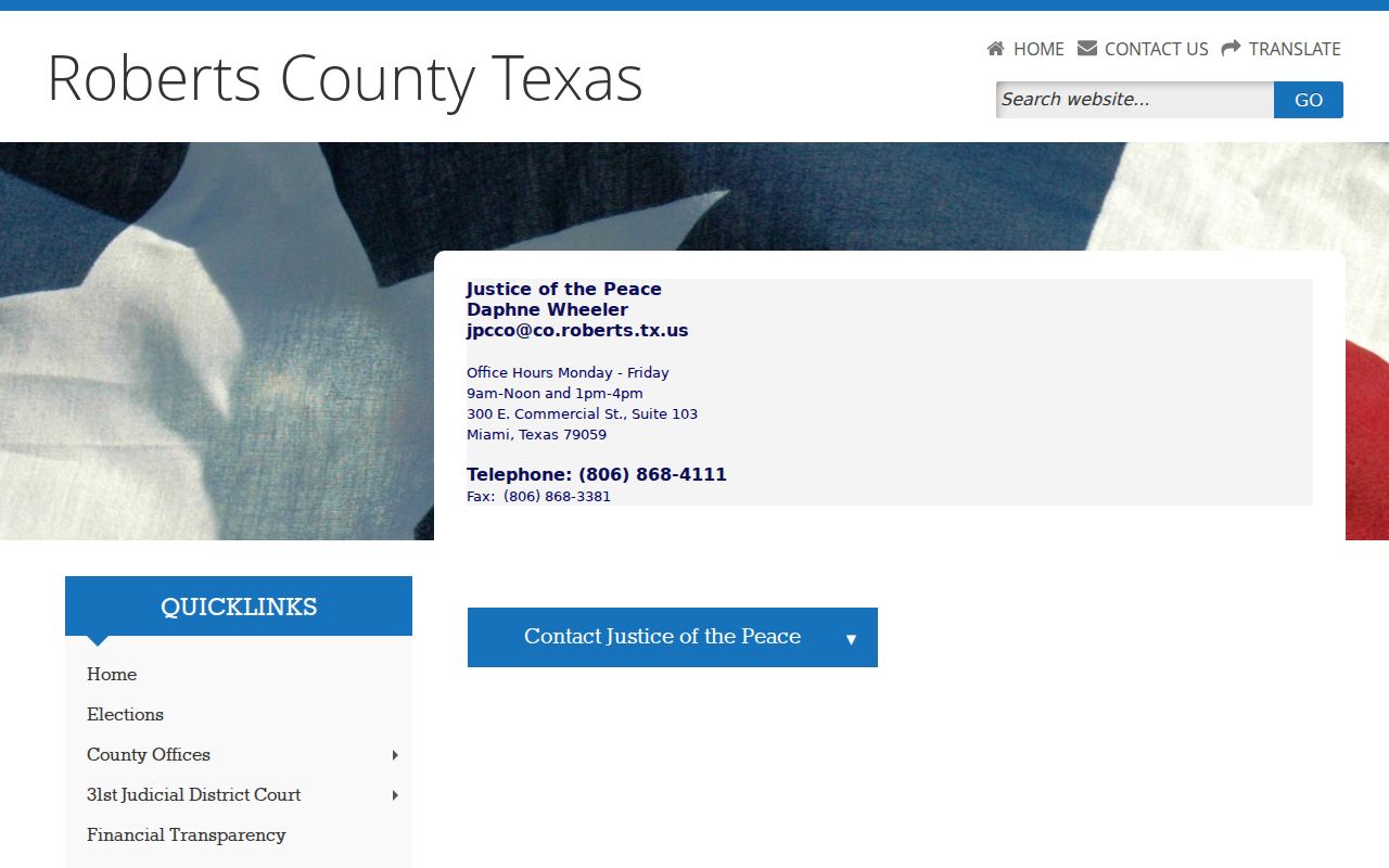 Roberts County countywide Justice of the Peace contact page and split office hours
