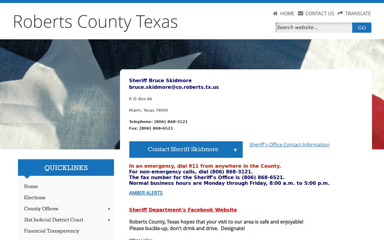 Roberts County Sheriff's Office contact page with hours and courthouse location